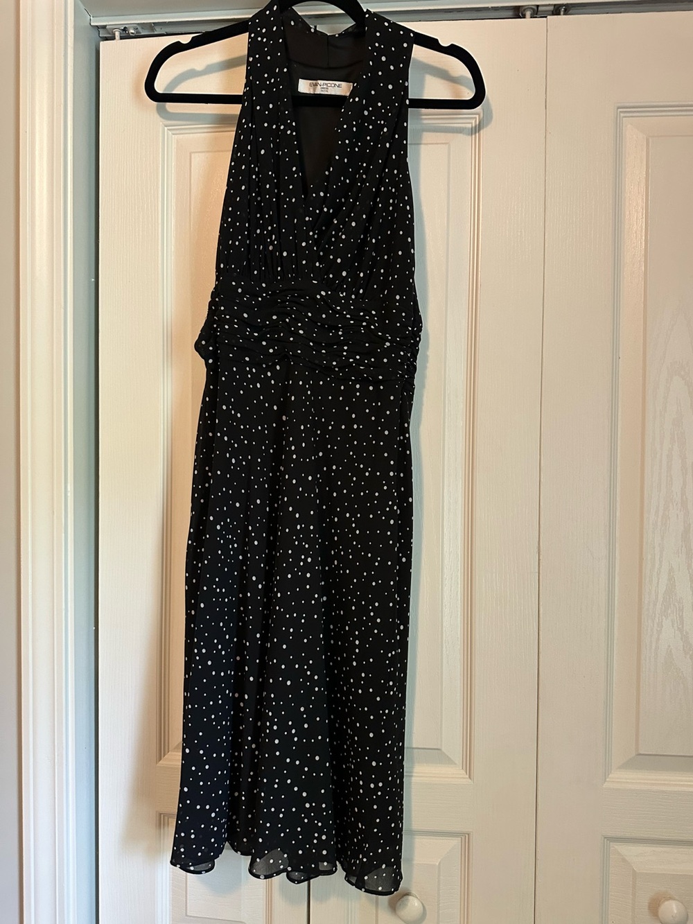 Evan Picone A-Line Dress Women's Black/Ivory Polka Dot V-Neck Chiffon